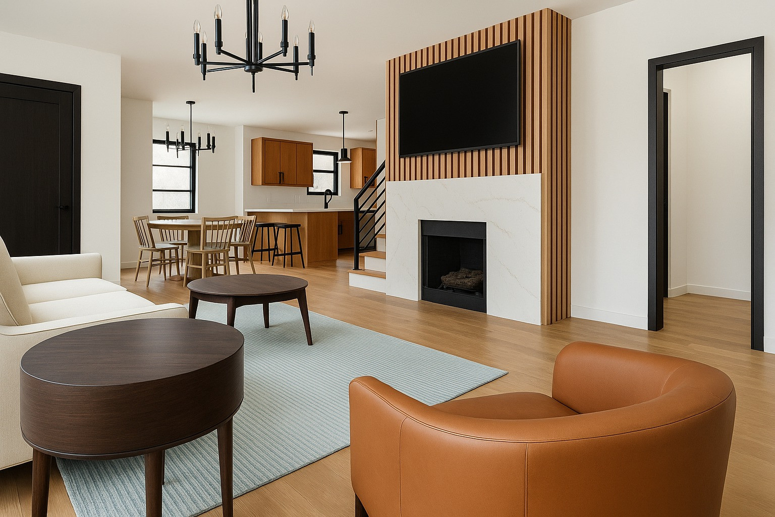 Example of a trendy living room design in Atlanta with a stone fireplace