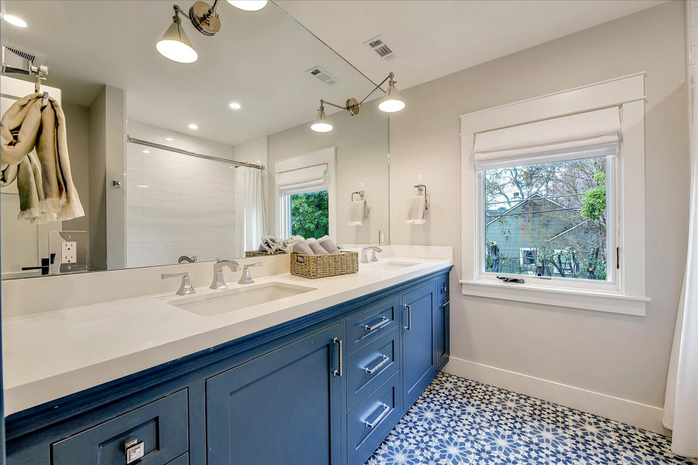Shower curtain - large craftsman kids' white tile and subway tile cement tile floor, blue floor and double-sink shower curtain idea in San Francisco with shaker cabinets, blue cabinets, gray walls, an undermount sink, quartz countertops, white countertops and a built-in vanity