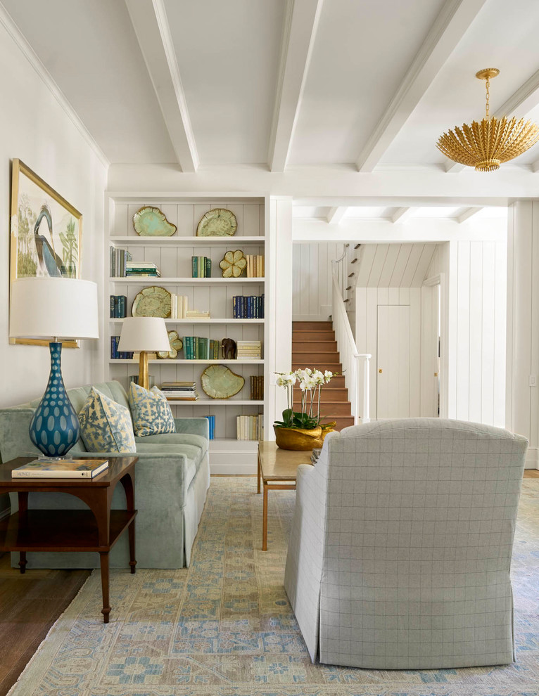 Inspiration for a large transitional formal and open concept medium tone wood floor living room remodel in Dallas with white walls, a standard fireplace, a stone fireplace and no tv