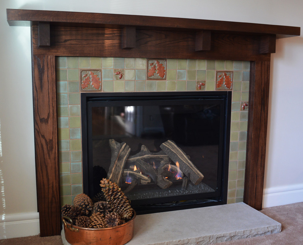 Inspiration for a mid-sized arts and crafts living room in Other with a standard fireplace and a tile fireplace surround.