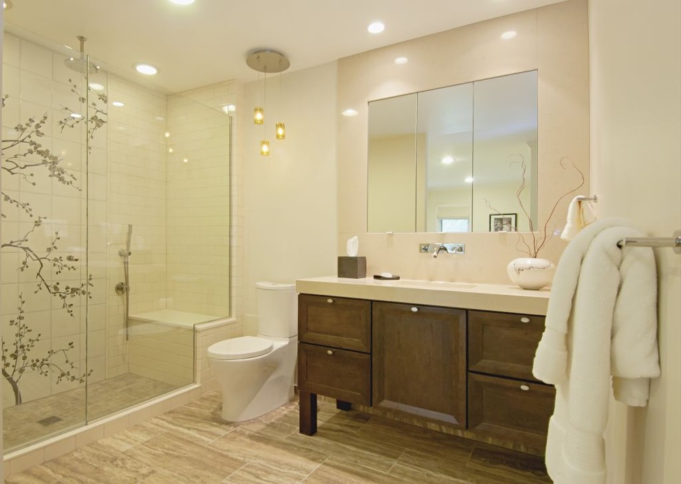 This is an example of an eclectic bathroom in Chicago with recessed-panel cabinets, dark wood cabinets, an alcove shower, a two-piece toilet, white tile and subway tile.