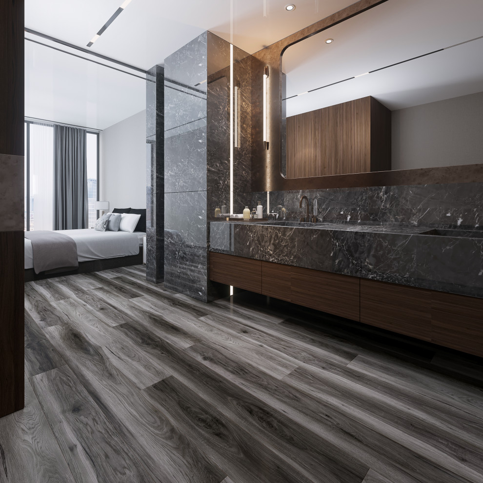 Стильный дизайн: хозяйская спальня в классическом стиле с серыми стенами, полом из винила и черным полом - последний тренд