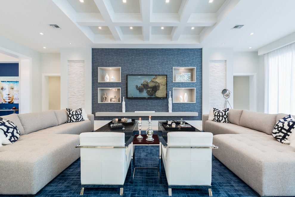 This is an example of a large contemporary formal open concept living room in Miami with white walls, carpet, no fireplace, no tv and blue floor.