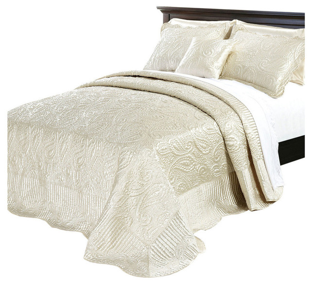 Quilted Satin 4 Piece Bed Spread Set, Champagne, King