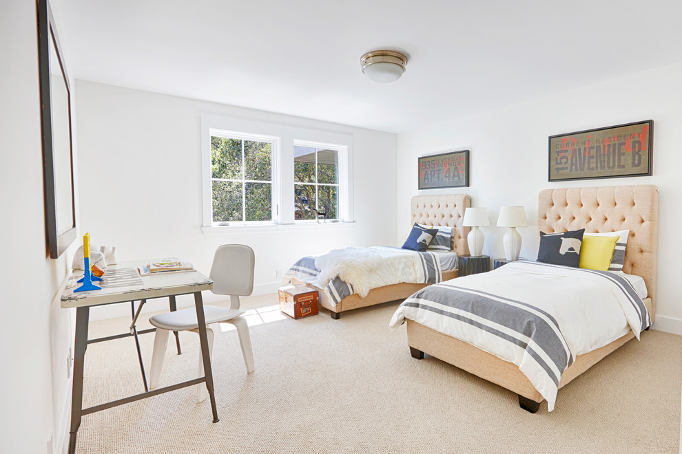 This is an example of a large country bedroom in San Francisco with white walls and carpet.