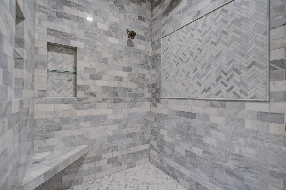 Master Walk In Shower with Marble Tiles - Transitional - Bathroom ...
