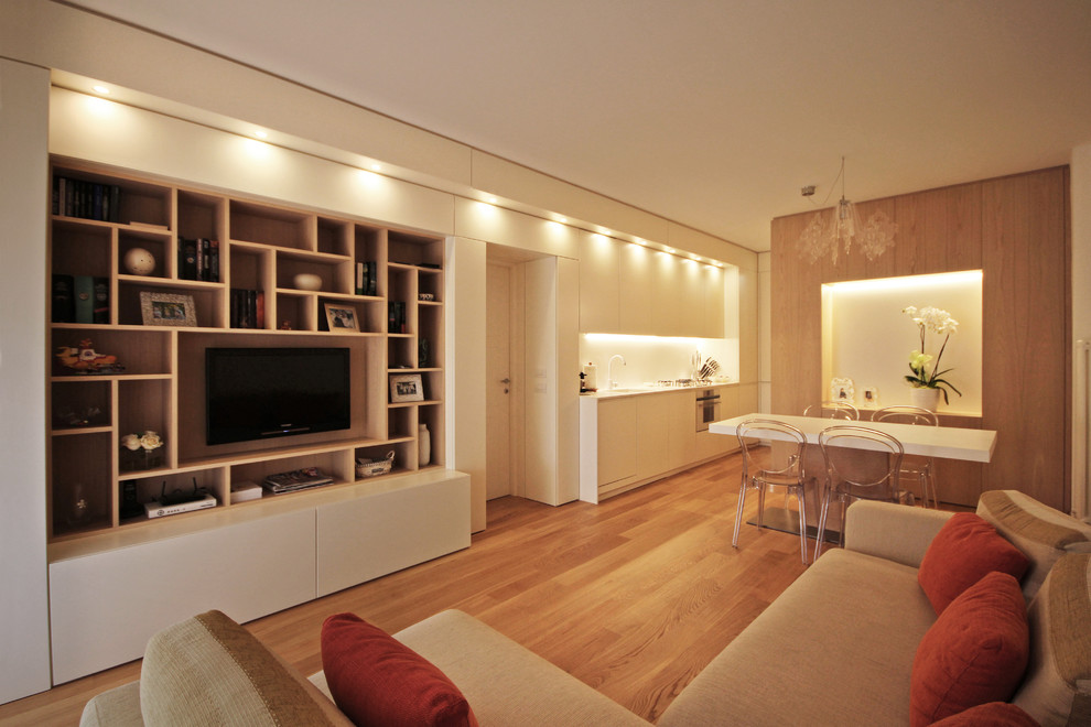 This is an example of a small contemporary formal open concept living room in Milan with white walls, painted wood floors, a built-in media wall and yellow floor.