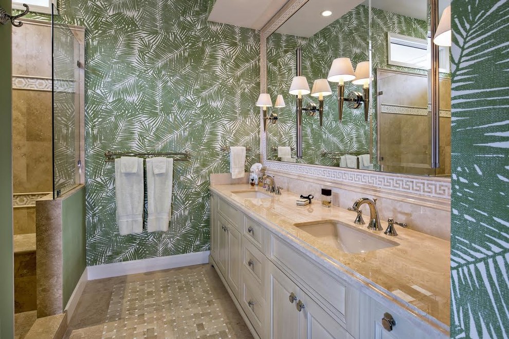 Photo of a mid-sized 3/4 bathroom in Miami with raised-panel cabinets, white cabinets, an alcove shower, green walls, ceramic floors, an undermount sink, beige floor and an open shower.