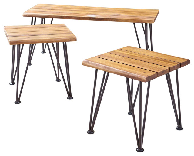 3 Pieces Patio Coffee Table Set, Hairpin Metal Legs With Acacia Top