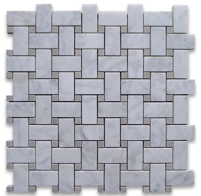 12 X12 Carrara White Basketweave Mosaic Gray Dots Honed Chip Size 12 X12 Carrara White Basketweave Mosaic Gray Dots Honed Chip Size