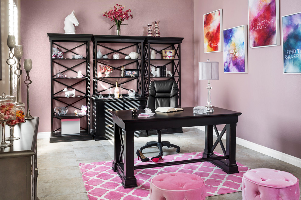 Large transitional freestanding desk ceramic tile home studio photo in Las Vegas with pink walls