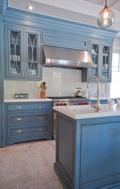 Eat-in kitchen - large rustic u-shaped ceramic tile and beige floor eat-in kitchen idea in Toronto with a farmhouse sink, beaded inset cabinets, blue cabinets, quartzite countertops, white backsplash, stone slab backsplash, stainless steel appliances and an island