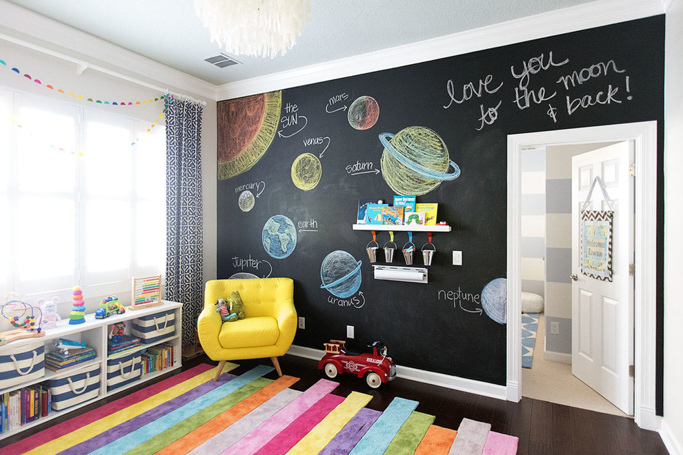 Photo of a mid-sized transitional gender-neutral kids' room in Orlando with black walls and dark hardwood floors.