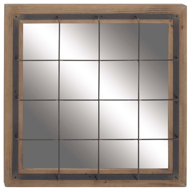 Rustic Square Iron And Wood Grid Patterned Wall Mirror