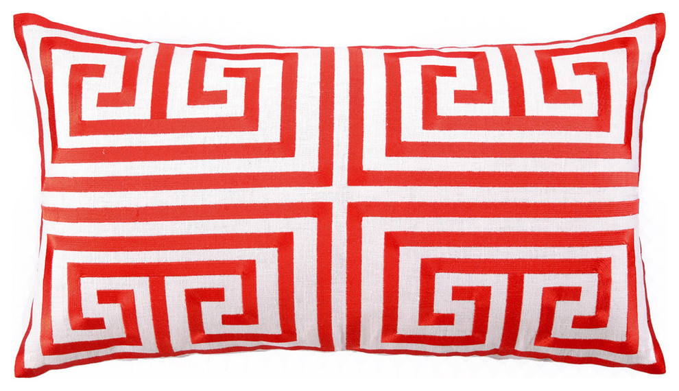 Trina Turk Greek Key Melon Embroidered Linen Pillow