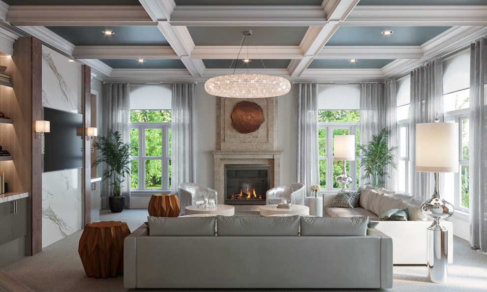 Photo of an expansive contemporary open plan games room in Las Vegas with white walls, carpet, a standard fireplace, a stone fireplace surround, a wall mounted tv, white floors and a coffered ceiling.