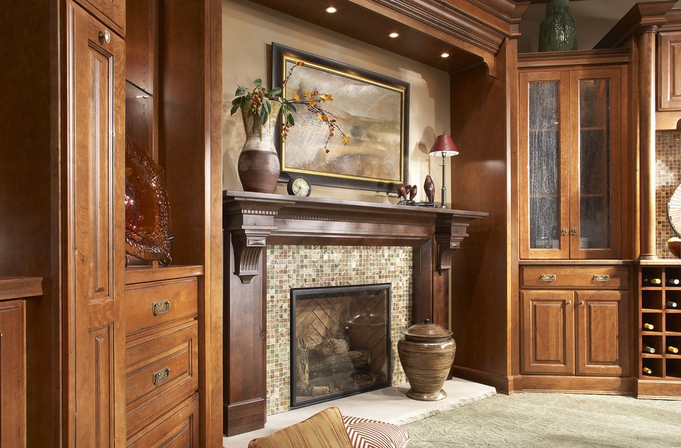 Inspiration for a traditional formal living room in Minneapolis with beige walls, carpet, a standard fireplace, a tile fireplace surround, green floor and no tv.
