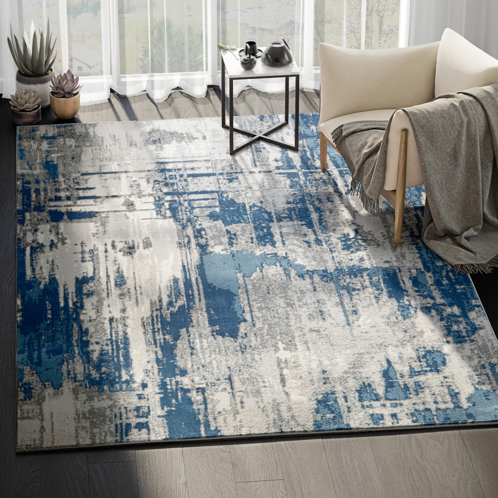 Abani Vista Modern Painted Canvas Area Rug, Blue and Gray Distressed ...