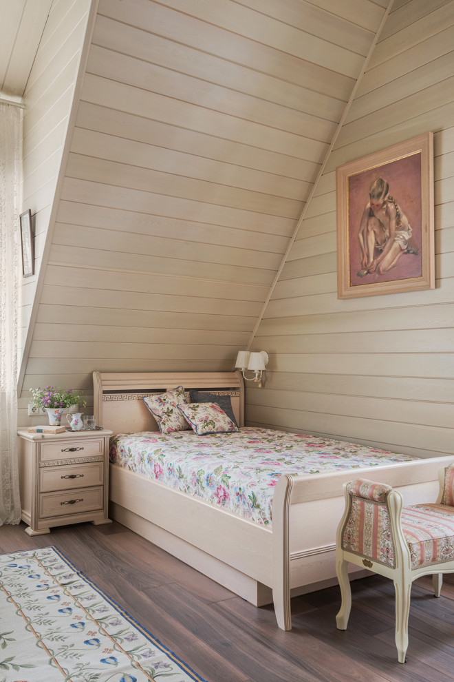 Large traditional guest bedroom in Moscow with beige walls, porcelain floors, brown floor, vaulted, wood and wood walls.