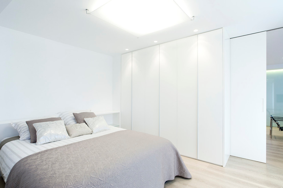 Inspiration for a modern bedroom in Other with white walls and light hardwood floors.