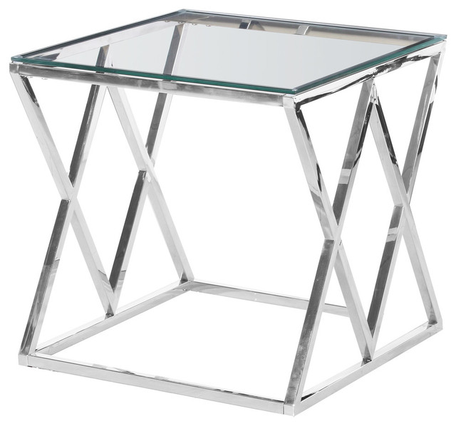 Contemporary Angled Square Clear Glass End Table E46 Silver