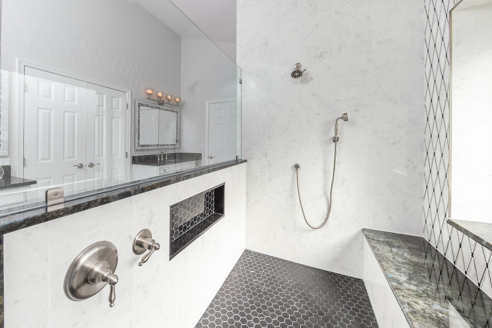 Inspiration for a transitional master white tile and ceramic tile open shower remodel in Philadelphia with recessed-panel cabinets, white cabinets, granite countertops and black countertops