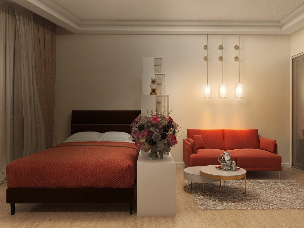 Общий объем комнаты сохранен. Функциональные зоны разделены.