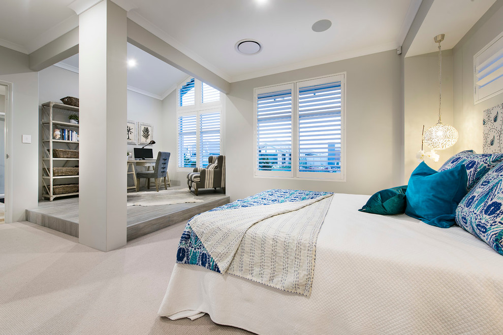 Inspiration for a large beach style master bedroom in Perth with grey walls, carpet and no fireplace.