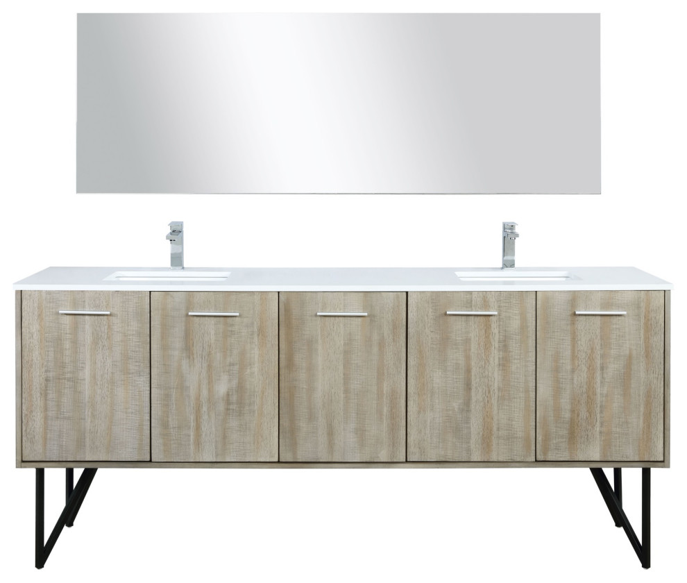 80" Double Bathroom Vanity, Monte Chrome Faucet Set, and 70" Frameless Mirror Industrial