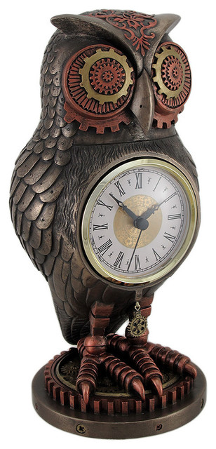 Bronze / Copper Finish Steampunk Owl Mantel Clock - Traditional 