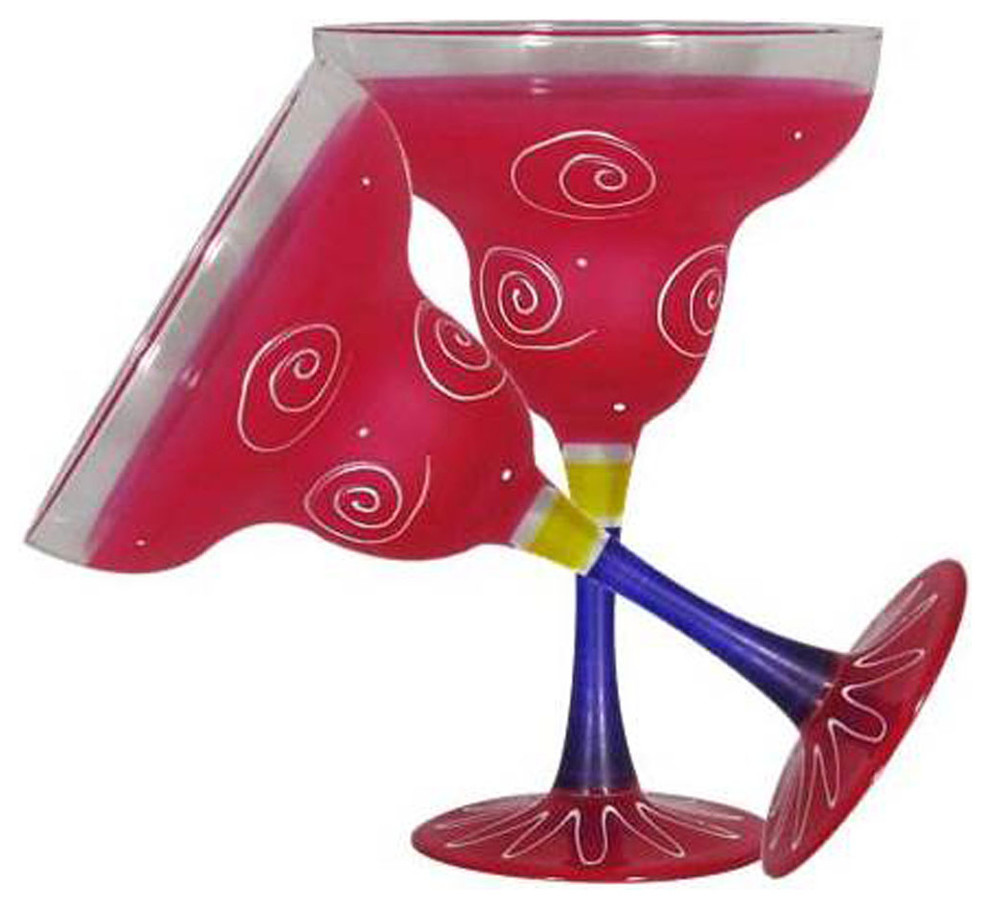 Frosted Curl Pink Margarita Glasses, Set of 2 Contemporary Cocktail