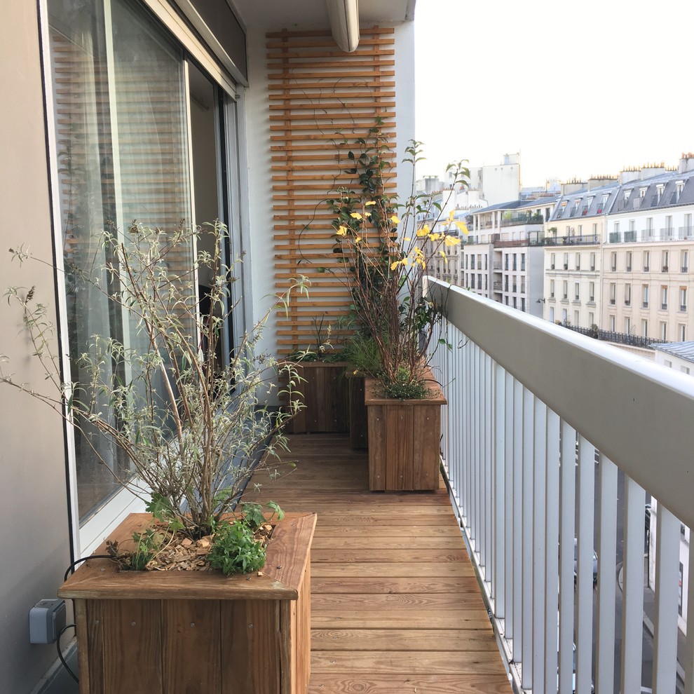 Design ideas for a small contemporary balcony in Paris with a container garden and a roof extension.