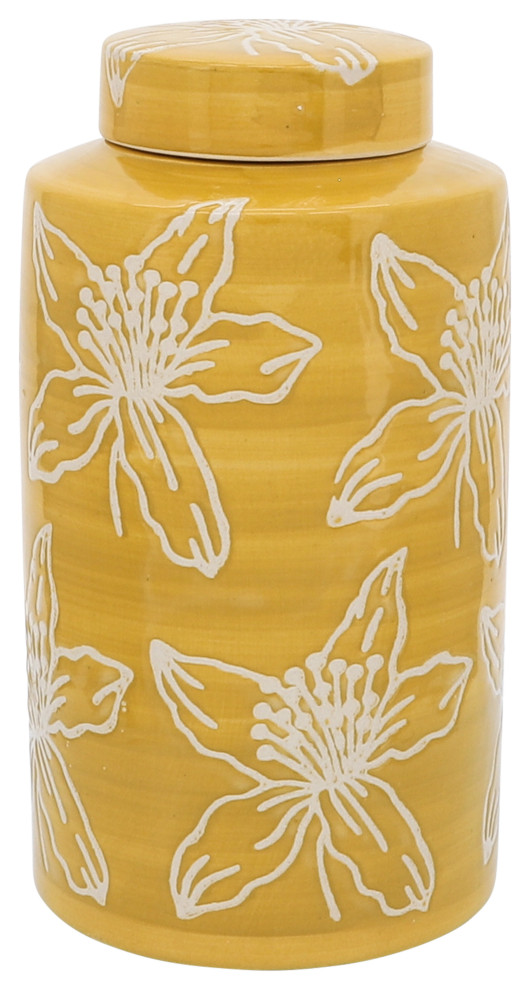Cer, 10"H Flower Jar With Lid, Yellow Contemporary Decorative Jars