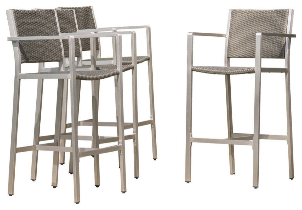 GDF Studio Capral Outdoor Gray Wicker Bar Stools, Set of 4 Tropical