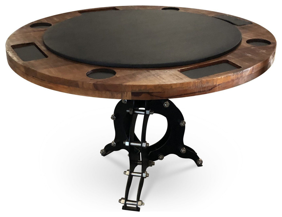 Industrial Poker Game Table Steel Base 48" Solid Wood Top Black