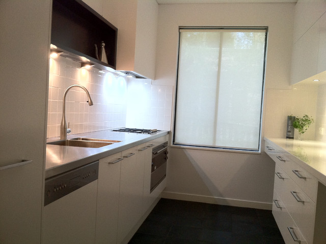 Galley Stainless Steel And Caesarstone Organic White Benchtops