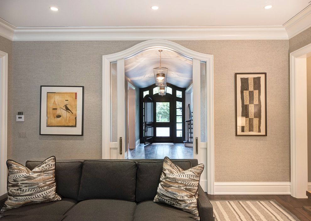 Living room - mid-sized transitional formal and open concept medium tone wood floor and brown floor living room idea with gray walls, no fireplace and no tv