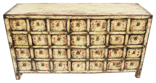 Consigned Vintage White Distressed Apothecary Cabinet Asian