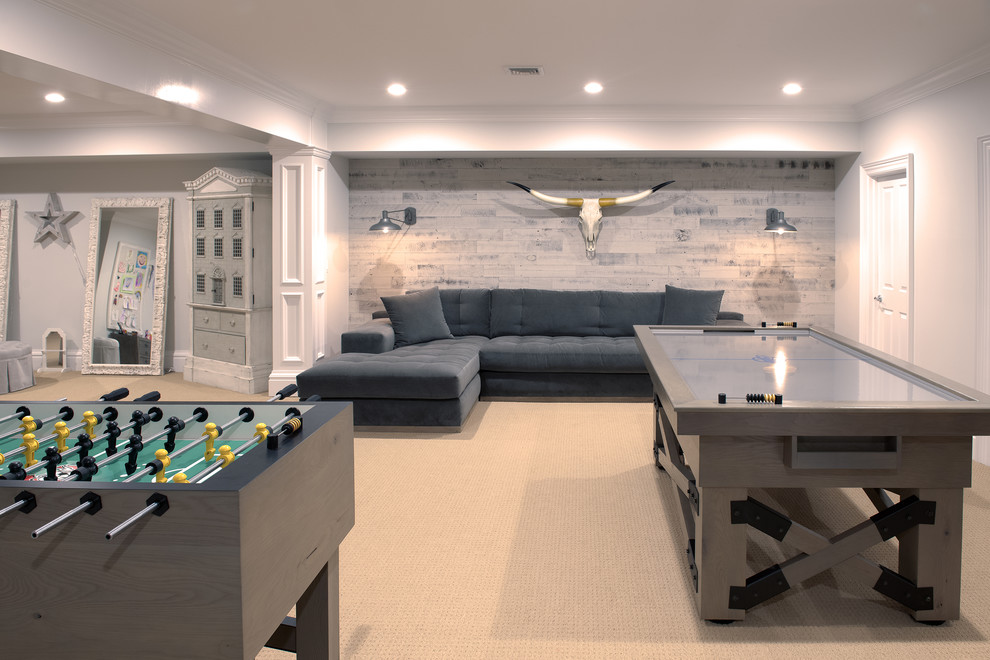 Photo of a transitional family room in New York with a game room, white walls, carpet and beige floor.
