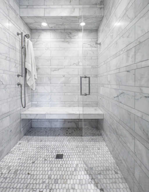 Inspiration for a large transitional master white tile and subway tile marble floor and white floor alcove shower remodel in Seattle with recessed-panel cabinets, white cabinets, gray walls, a vessel sink, marble countertops and a hinged shower door