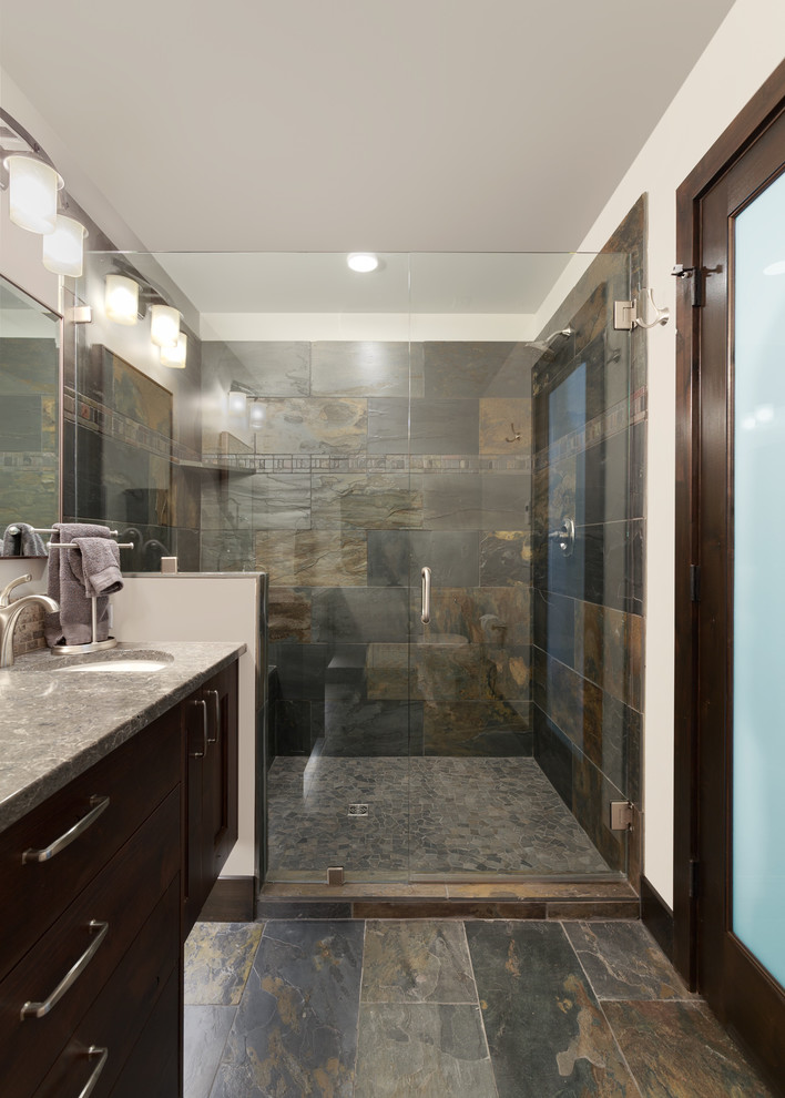 Design ideas for a country master bathroom in Vancouver with shaker cabinets, dark wood cabinets, a double shower, a one-piece toilet, multi-coloured tile, slate, white walls, slate floors, an undermount sink, engineered quartz benchtops, multi-coloured floor and a hinged shower door.