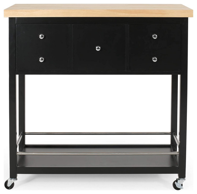 Contemporary Kitchen Island Cart, 3 Drawers & Natural Rubberwood Tabletop Transitional