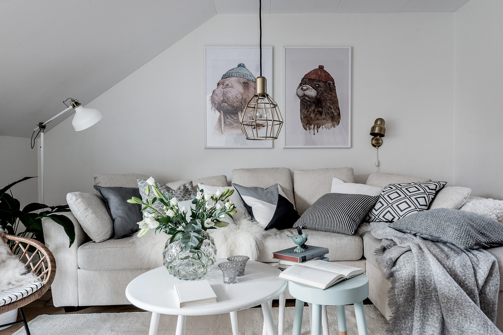 Inspiration for a mid-sized scandinavian formal open concept living room in Gothenburg with white walls, dark hardwood floors and no tv.