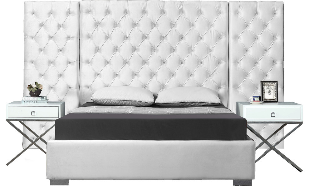 Grande Velvet Bed, White, Queen
