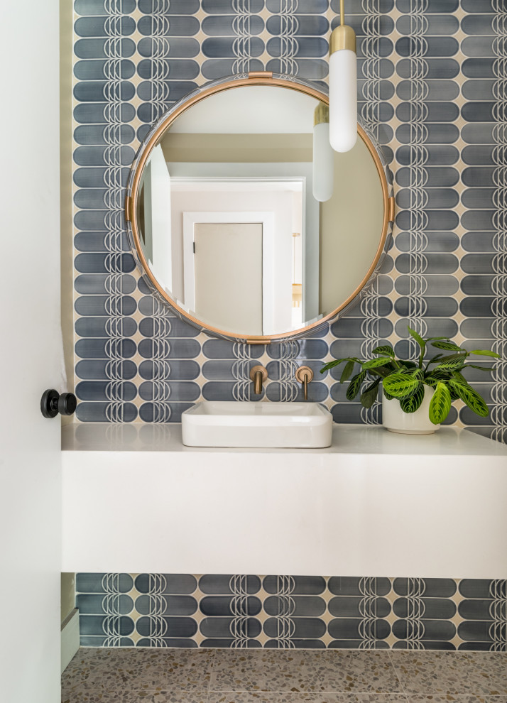 Inspiration for a mid-sized midcentury bathroom in Nashville with open cabinets, white cabinets, blue tile, porcelain tile, beige walls, terrazzo floors, a vessel sink, engineered quartz benchtops, white floor, white benchtops, a single vanity and a floating vanity.