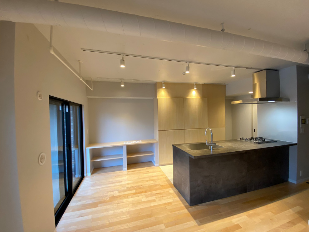 Mid-sized modern single-wall open plan kitchen in Tokyo with an undermount sink, beaded inset cabinets, grey cabinets, solid surface benchtops, grey splashback, shiplap splashback, stainless steel appliances, linoleum floors, with island, beige floor, grey benchtop and timber.