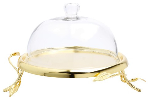 10.5" Gold Leaf Cake Plate with Glass Dome