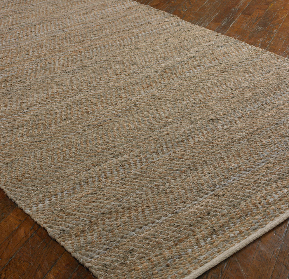Hand Woven Recycled Leather and Hemp Area Rug 5x8 Beige Brown Leather Hemp