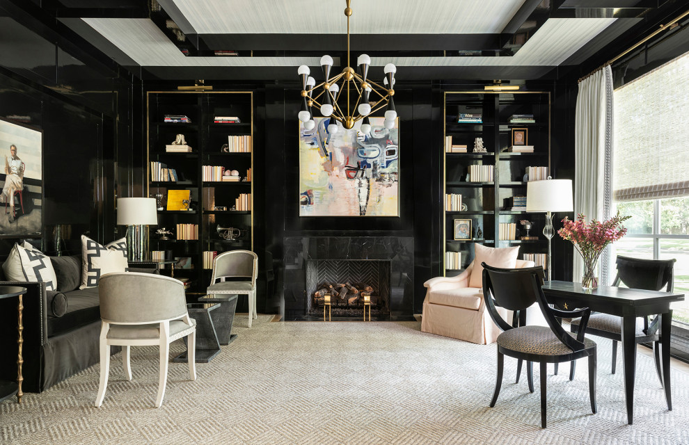 Design ideas for an eclectic living room in Houston with a library, black walls and a stone fireplace surround.