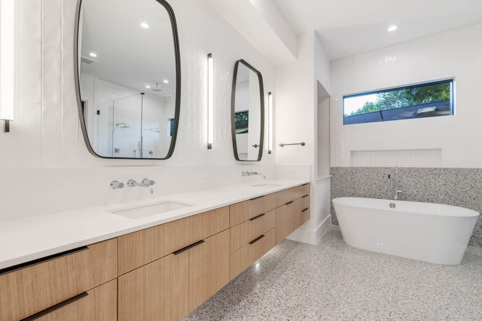 Inspiration for a 1950s master white tile and ceramic tile terrazzo floor, gray floor and single-sink bathroom remodel in Dallas with flat-panel cabinets, brown cabinets, a two-piece toilet, white walls, an undermount sink, quartz countertops, a hinged shower door, white countertops, a niche and a floating vanity